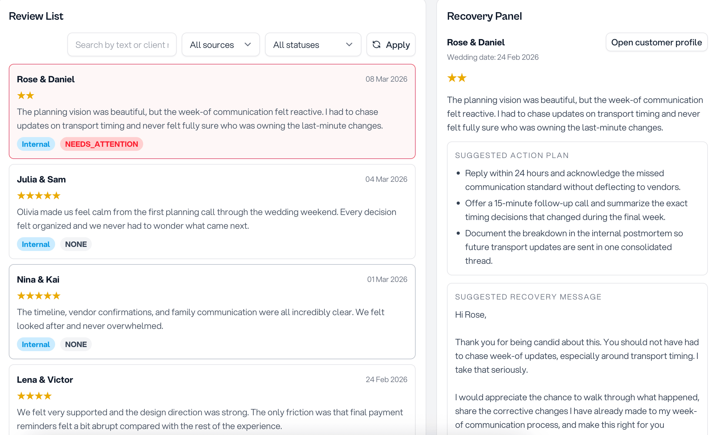 Reviews workspace for review requests, Google review routing, and review recovery